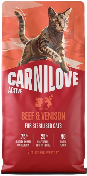 Carnilove Active Cat Beef & Venison Sterilised All Breeds grain free τροφή με μοσχάρι & ελάφι για στειρωμένες γάτες