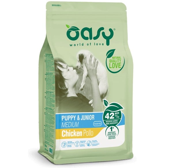 Oasy τροφη σκυλων Puppy Junior Medium είναι πλήρης τροφή σκυλου