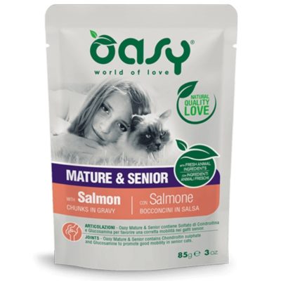 Oasy Mature Senior φακελακι με κομματια σολομο σε σαλτσα για ηλικιωμενες γατες