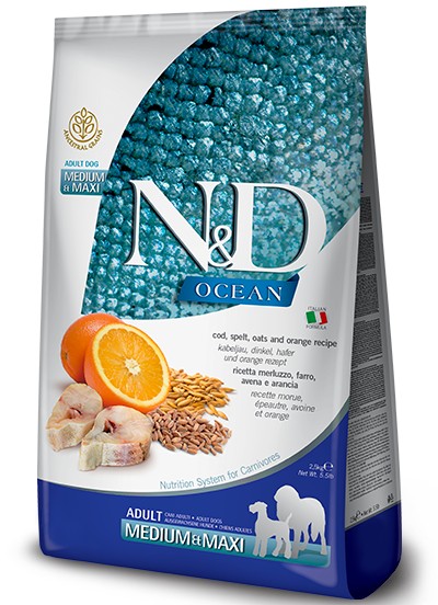 N&D Ocean Medium Maxi Cod ξηρά τροφή για σκύλο μπακαλιάρος, όλυρα, πορτοκάλι