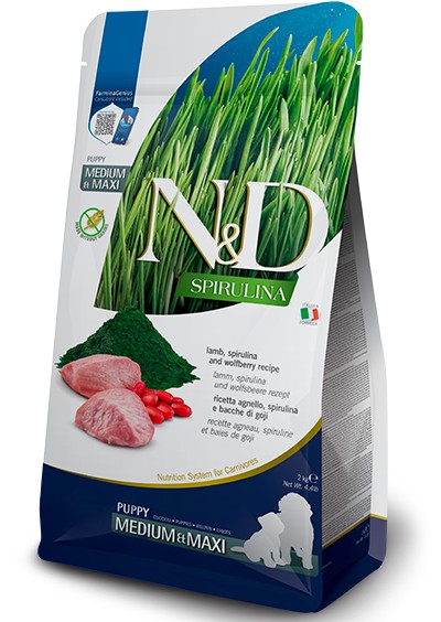 N&D Spirulina Puppy Medium Maxi Lamb Grain Free τροφές για κουτάβια Αρνί, Σπιρουλίνα