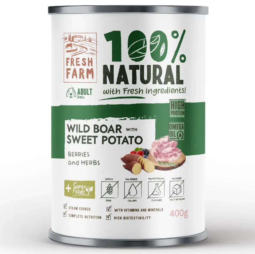 Fresh Farm 100% Natural Πατέ Σκύλου με Αγριογούρουνο, Γλυκοπατάτα & Μούρα 400gr